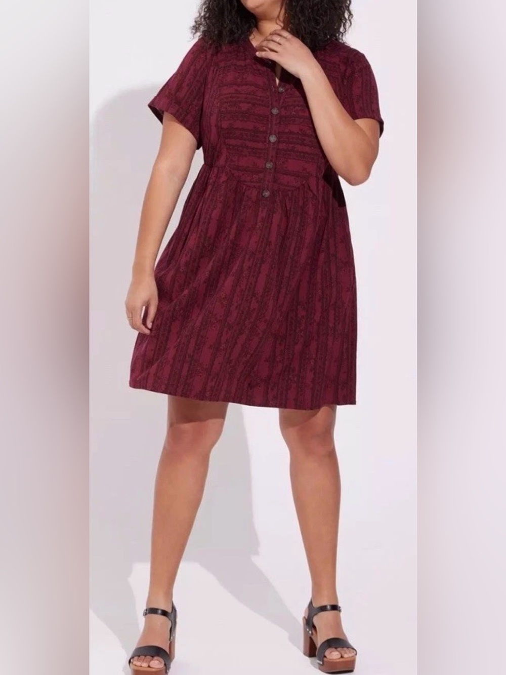 Torrid Burgundy Black Printed Button Front Fit & Flare Dress Sz 3X Elastic Waist